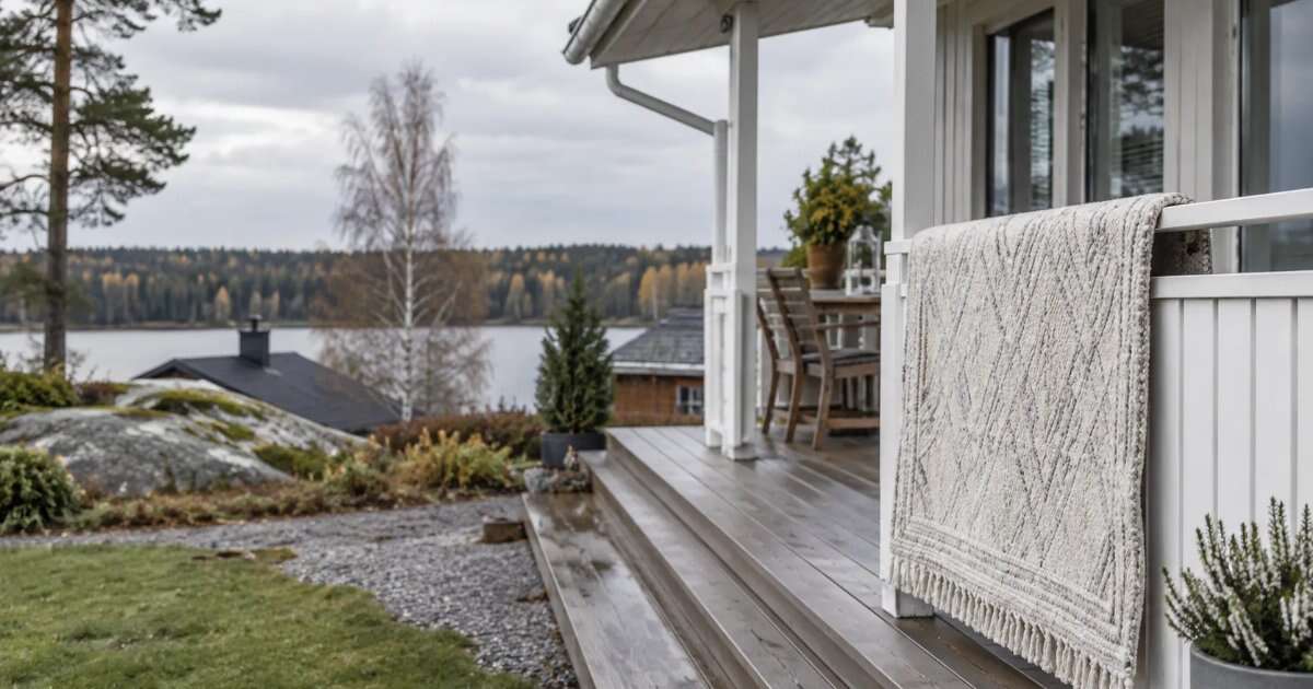 Vaalea matto tuulettumassa omakotitalon kuistin kaiteella järvimaisemassa