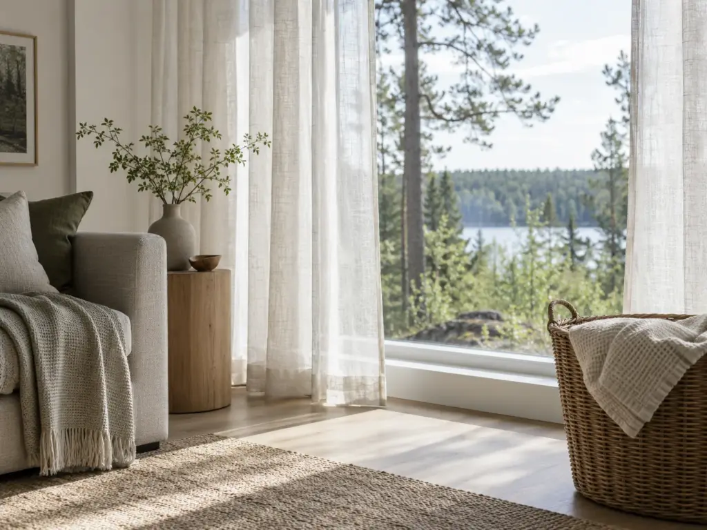Vaaleat pellavaverhot olohuoneen ikkunassa järvimaiseman edessä